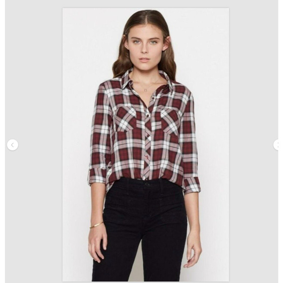 Soft Joie Eggplant Classic Plaid Double Pocket Roll Tab Sleeve Shirt Button SM - Picture 10 of 10